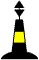 marque jaune et noire, surmontée de 2 cônes noirs (pointes opposées)