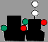 2 feux blancs de tête de mât, 1 feu vert à gauche, 1 feu rouge à droite, et 2 feux de coté à gauche (1 vert, 1 rouge)